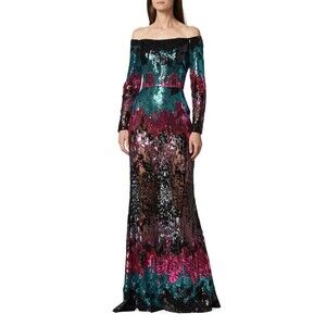 $7000 Elie Saab Off-the-Shoulder Sequin Gown Maxi Dress Multi Size 42 / US 10